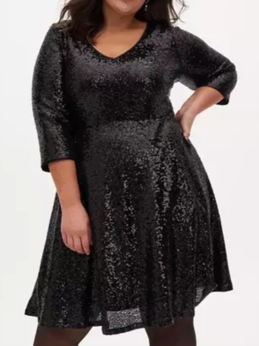 Torrid Black Sequin Skater Dress V-Neck Keyhole Back 3/4 Sleeve Plus Size 4 (4X)